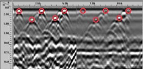Figure 4: An elevated slab with parallel metal and PVC conduits. Left half of the profile- “standard” antenna position. Right half- same survey line with antenna turned sideways. Red circles define metal targets, unmarked targets are PVC.